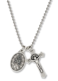 Catholic Necklace St Benedict Crucifix and Miraculous Medal Hypoallergenic Necklace on 24" Ball Chai