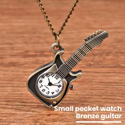 Small Lovely Guitar Pocket Watches with Necklace Chain Pendant Bracelet Numbers Pocket Watches Gift 