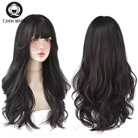 7JHH WIGS Popular Brown Ash Long Deep Wave Hair Lolita Wigs With Bangs Synthetic Wig For Women Fashi