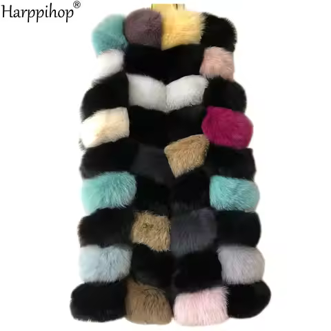 New Real Fox multi color fur Women Vest Leather Fashion Luxury Thick Warm Coat Jacket colorful Fur V