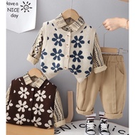 KEMEJA SPP-Boys' suit boys' suit-FLOWER KNITTED Vest 3in1 Boys' Suit 1-5 Years Pocket Vest Shirt+Ves