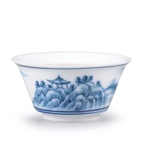 Hand-painted Landscape Kung Fu Small Teacup, Ceramic Blue and White Porcelain Tea Bowl, Single Cup, 