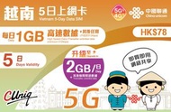 中國聯通 - 5日【越南】(每日2GB) 5G/4G 無限上網卡數據卡SIM咭[C35]