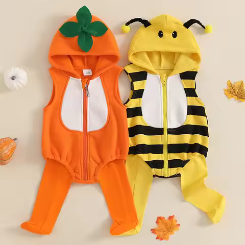 Pudcoco Baby Bee Costume Sleeveless Hooded Romper Long Socks Set Infant Bumble Bee Costume Newborn O