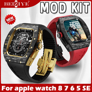 หรูหรา ชุดแต่งโมดิฟาย คาร์บอนไฟเบอร์ เคส For apple watch 44mm 45mm สาย นาฬิกา สมาร์ทวอทช์ เคสกันรอยหน้าปัดนาฬิกา For apple watch 8 7 6 SE Cover Fluorine Rubber สายนาฬิกาข้อมือสำหรับ