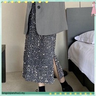 Velvet Sequin Midi Skirt, Women's High Waisted Explosive Black Long Skirt