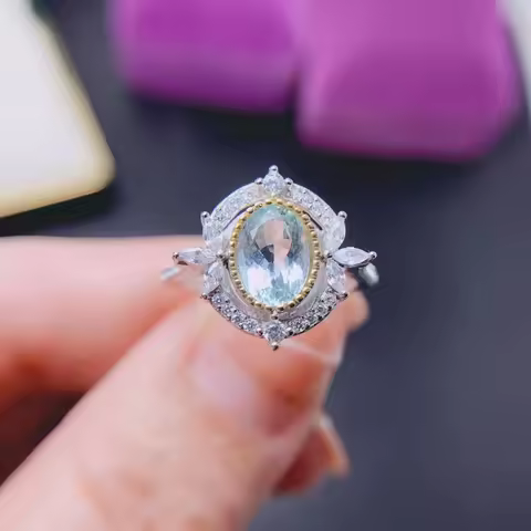 1ct 6mm*8mm Natural Aquamarine Ring for Party Luxury Aquamarine Silver Ring Solid 925 Silver Aquamar