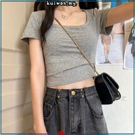 8 COLORS Women Solid Color Crop Top Square Collar Short Sleeve T-shirt