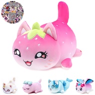 KOWSI 61 PCS 11 inches Strawberry Cat Plush + 60 Sticker Cute Kawaii Cat Plush Collection 100% Polye