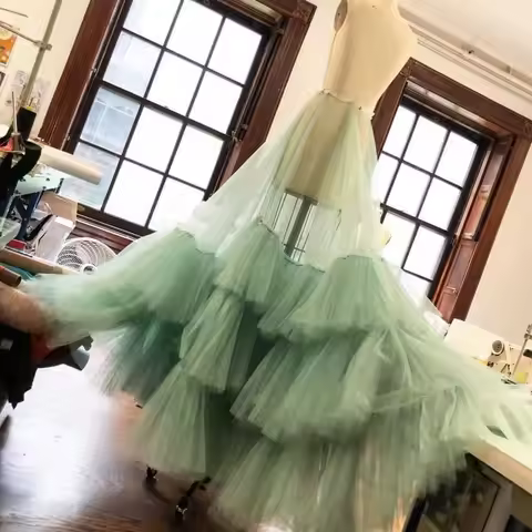 Newest Mint Green Ruched Tutu Tulle Skirt See Thru A-line Long Women Tulle Skirts Prom Party Over We