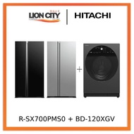 Hitachi R-SX700PMS0-GBK/GS 573L Side by Side Fridge + Hitachi BD-120XGV Front Load Washer AI Wash, Auto Dosing System, I