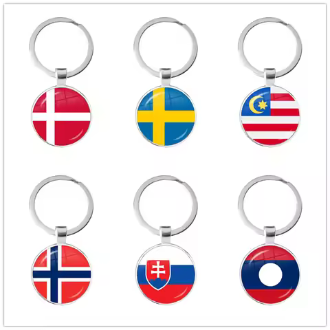 Malaysia, Laos, Denmark, Norway, Sweden, Slovakia National Flag Keychain 25mm Glass Cabochon Key Rin