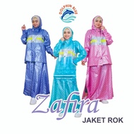 Jas Hujan Wanita Jaket Rok Setelan Zafira Polkadot Mantel Cewek Muslimah Dolphin Blue