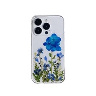 藍色繡球花 天然綠枝葉 手工押花手機殼 適用於iPhone Samsung