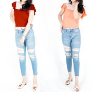 ABOUND WOMEN'S CROP BLOUSE SQUARE NECK CATTING RIBBED