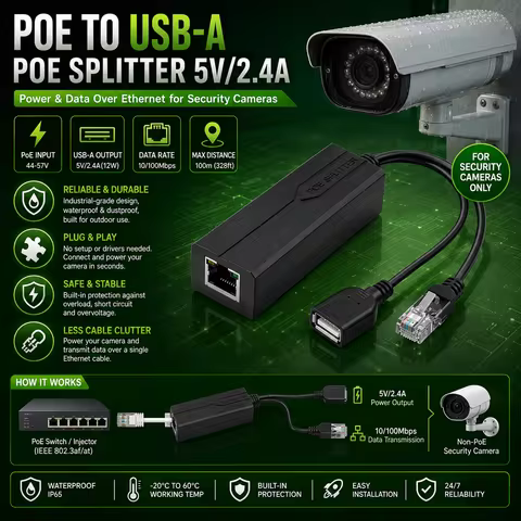 PoE Splitter 5V 2.4A USB Type C Female IEEE 802.3af/at Suitable for Security Network Cameras/VoIP Ph