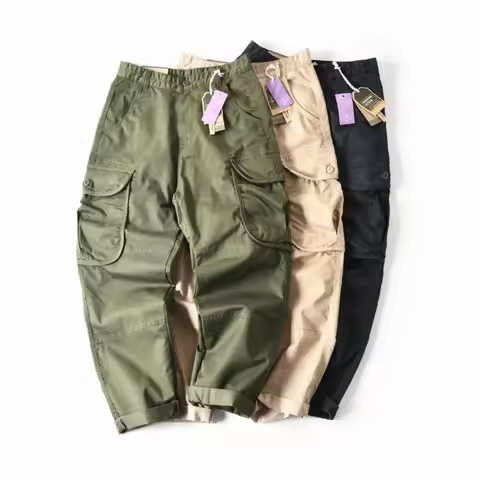 Twill wash stretch loose wide leg multi-pocket cargo casual pants for men