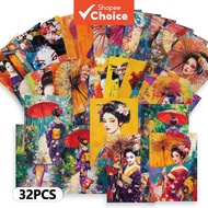 Colorful 32pcs Geisha-themed Postcards, Thick Cardstock, High-definition Printing, Decorative Sticke