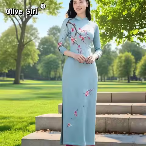 Women Aodai Vietnamese Traditionally Dress Long Qipao Two-piece Wide-leg Pants Cheongsam Aodai Dress