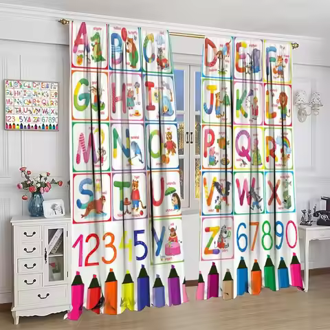 Alphabet ABC Curtains, Cute Number Education Learning Window Treatments Cartoon Animal Alphabet Tool