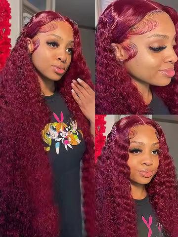 Curly 99j Burgundy 13x6 Lace Frontal 220% Density Human Hair Wig 46 Inch Deep Wave Red Colored 13x4 