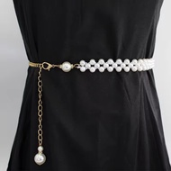 Gesper Belt Ikat Pinggang Wanita Model Rantai Mutiara Karet dan Non Karet Sabuk Manik Elastis Putih 