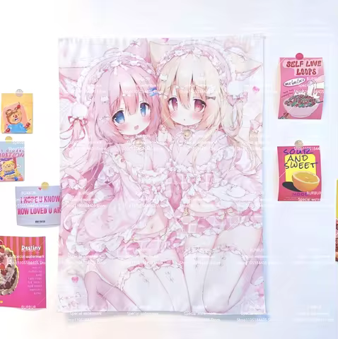 2D galgame super cute pink-themed tapestry for dormitory, bedroom, interior wall hanging tapestry, f