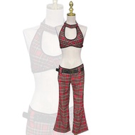 DJ305 singer's outfit red plaid pants Fashion 90s Female outfit: Urgent Grab Delivery Available