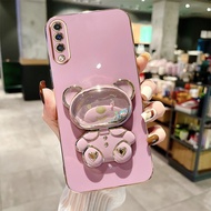 Luxury Electroplated Phone Case for Samsung Galaxy A50 A50S A30S A70 A70S Cute Quicksand Liquid Bear Bracket with Make Up Mirror