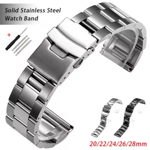 Solid Stainless Steel Strap 20mm 22mm 24mm 26mm 28mm Metal Double Safety Fold Buckle Watch Band for 