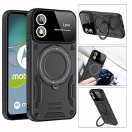 ​For Moto E13 E 13 MotoE13 Metal Ring Holder Stand Phone Case 2023 Full Lens Protection 360° Rotate Hidden Fundas Sliding Camera Armor Car Magnetic Casing Cover