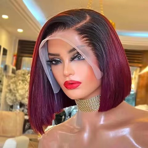 Ombre 99J Burgundy Lace Front Bob Wigs Human Hair 13x4 HD Lace Frontal Wigs Glueless Short Straight 