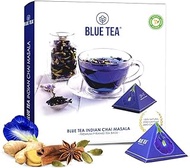 BLUE TEA Indian Chai Masala Caffeine Free Herbal Tea for Detox Butterfly Pea Flower, Cinnamon, Cardamom, Clove, Ginger (12 Handcrafted Pyramid Teas, 24 cups)
