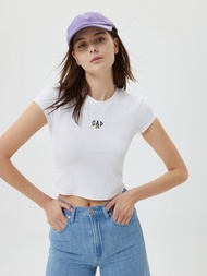 女裝|Logo小熊圓領短版短袖T恤-白色