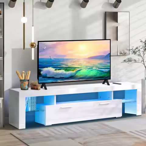 Living Room Entertainment Center White High Gloss TV Cabinet Console Table with RGB LED Lights