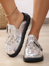 女性坡跟&amp;防水台穆勒鞋帶金屬質感水鑽裝飾的平底鞋底鞋