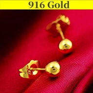 Original Gold 916 Earrings for Women Korean Bangkok Earrings Simple Stud Earring Solid Peas Smooth Round Bead Earrings