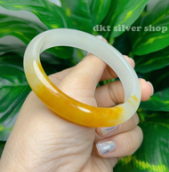 Vòng Tay Dạng Bản Liền Nguyên Khối Đá Cẩm Thạch A Thiên Nhiên Ni 55Ni56Ni 57 Trắng Phối Vàng Hàng Vi