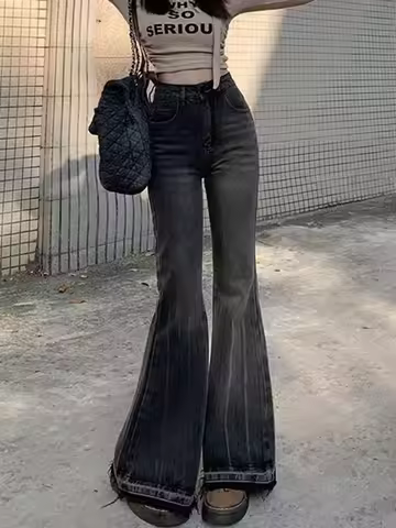 Burr Edge Design Vintage Flare Jeans High Waist Korea Casual Skinny Denim Pants New Women Streetwear
