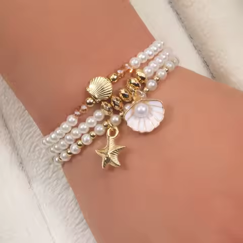 3pcs fashion casual summer beach ladies imitation pearl bracelet set, containing shell starfish elem