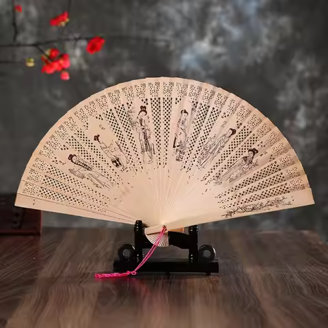 Fragrant Wood Fan Carved Double-sided Hollow Folding Fan Chinese Style Classical Women's Artistic Fa