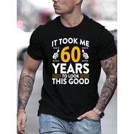 Men's 60th Birthday T-Shirt - Funny 60 Years Slogan Print with Cake & Candles - Turquoise Blue Casua