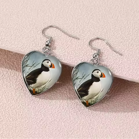 2024 New Puffin Bird Dangle Earring Heart Shaped Earrings Handmade Glass Dome Jewelry