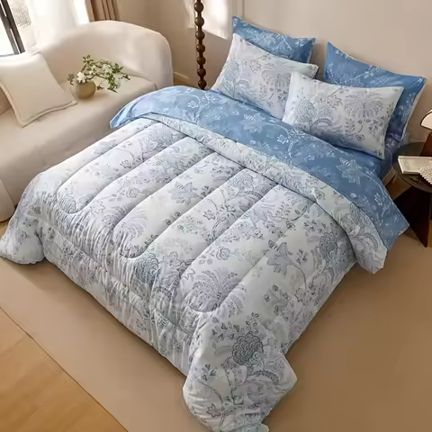 2/3pcs Reversible Thick Comforter Set with Blue And White Floral Pattern On A Clean Base - Features 