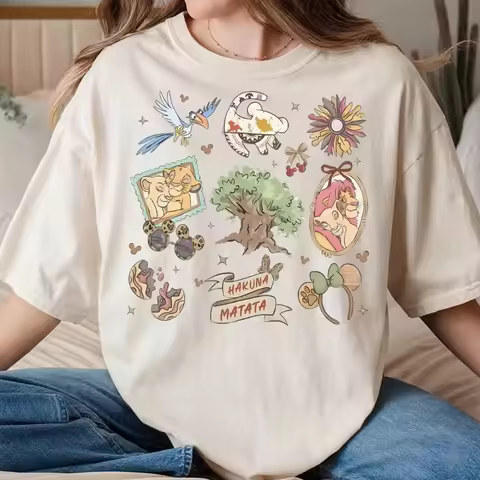 2026 Retro Lion King Hakuna Matata T-shirt, Timon, Pumbaa, Simba, Nana T-shirts, Animal Kingdom Tree