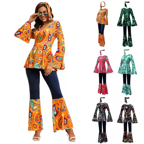 70's Disco Costume For Women 80s Retro Hippie Cosplay Printed Clothing Headband Set 3pcs Halloween P