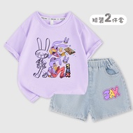 COD 2026 Girls Short-Sleeved Korean Version Big Kids Denim Five-Point Pants Summer Children Top Set 