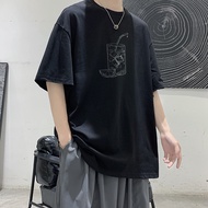 เสื้อยืดแขนสั้นผู้ชายสไตล์ฮ่องกง ins tide แบรนด์ครึ่งแขนคู่เรียบง่ายหลวมๆผ้าฝ้ายเสื้อลำลองความเห็นอก