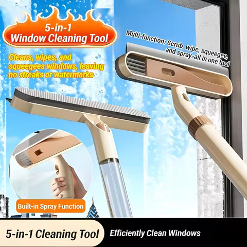 Multifunctional Window Cleaner with Sprayer - 4-in-1 Squeegee Wiper Scrubber, 60° Mist Spray, Retrac