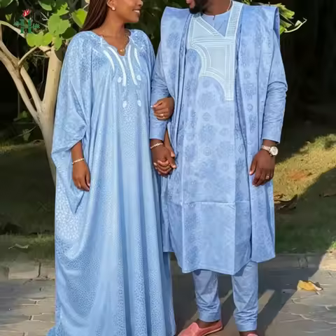 African For Men Women Agbada Couple Traditional Muslim Ramadan Embroidery Wedding Party Thobe Bazin 